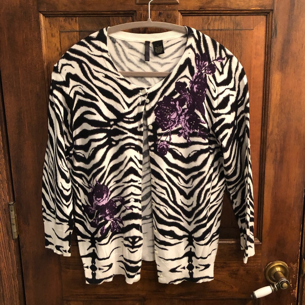 Women’s L Cardigan Zebra Print/Purple Flowers 🦓🌸